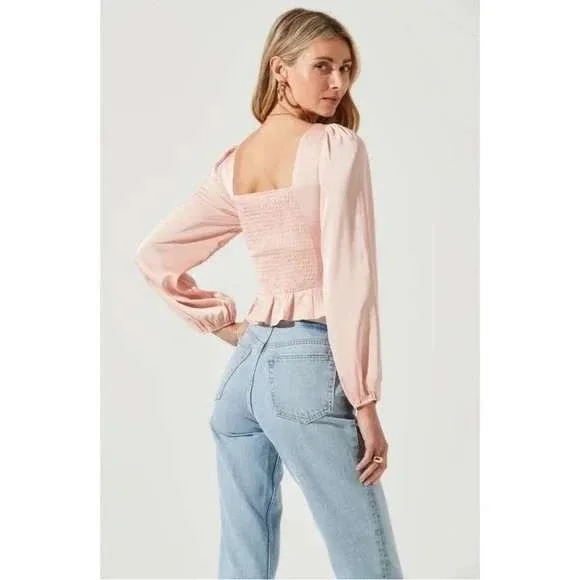 ASTR THE LABEL Peplum Top Women's Small Pastel Pink Satin Long Sleeve - Picture 5 of 7